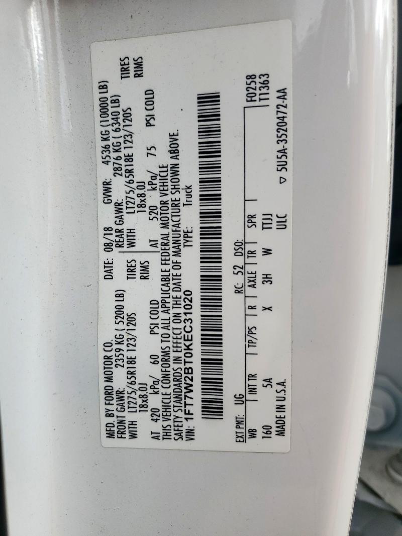 1FT7W2BT0KEC31020 - 2019 FORD F250 SUPER DUTY Blanco foto 12