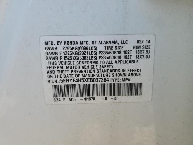 5FNYF4H5XEB037364 - 2014 HONDA PILOT EXL 白色 照片 14