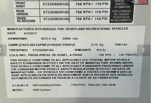 5SFCG4435JE351024 - 2018 HEARTLAND CYCLONE 灰色 照片 10