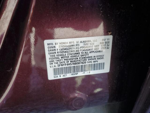 5FNYF4H57BB087828 - 2011 HONDA PILOT EXL BURGUNDY photo 13