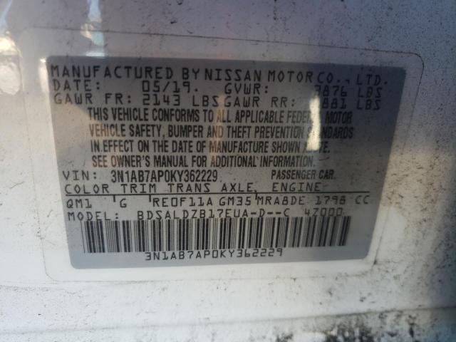 3N1AB7AP0KY362229 - 2019 NISSAN SENTRA S 白色 照片 13