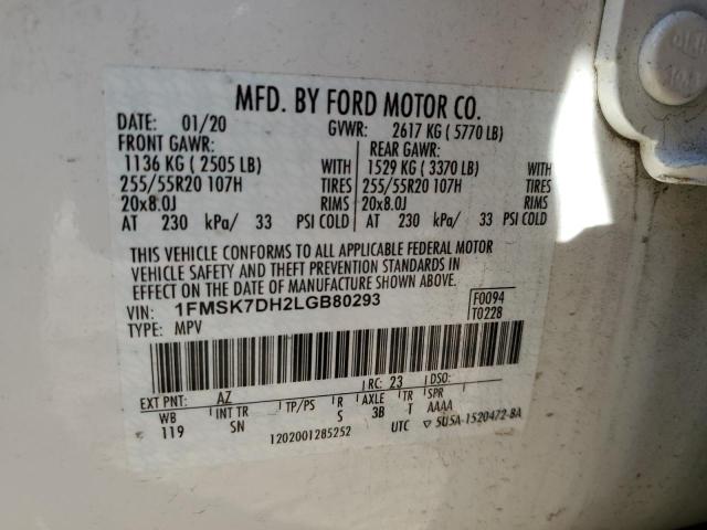 1FMSK7DH2LGB80293 - 2020 FORD EXPLORER XLT WHITE photo 12