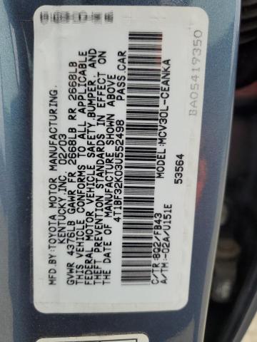 4T1BF32K03U552498 - 2003 TOYOTA CAMRY LE BLUE photo 12