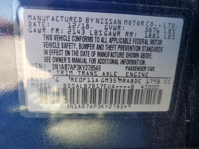 3N1AB7AP3KY278549 - 2019 NISSAN SENTRA S 蓝色 照片 12