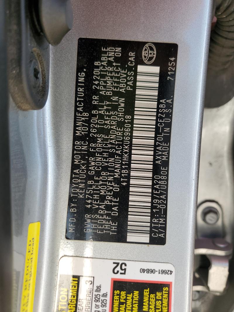 4T1B11HKXKU696018 - 2019 TOYOTA CAMRY L SILVER photo 12