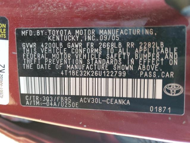 4T1BE32K26U122799 - 2006 TOYOTA CAMRY LE 红色 照片 12