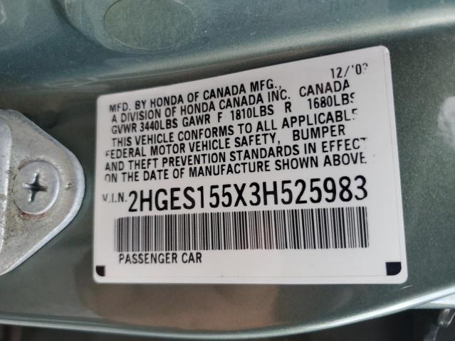 2HGES155X3H525983 - 2003 HONDA CIVIC LX GREEN photo 12