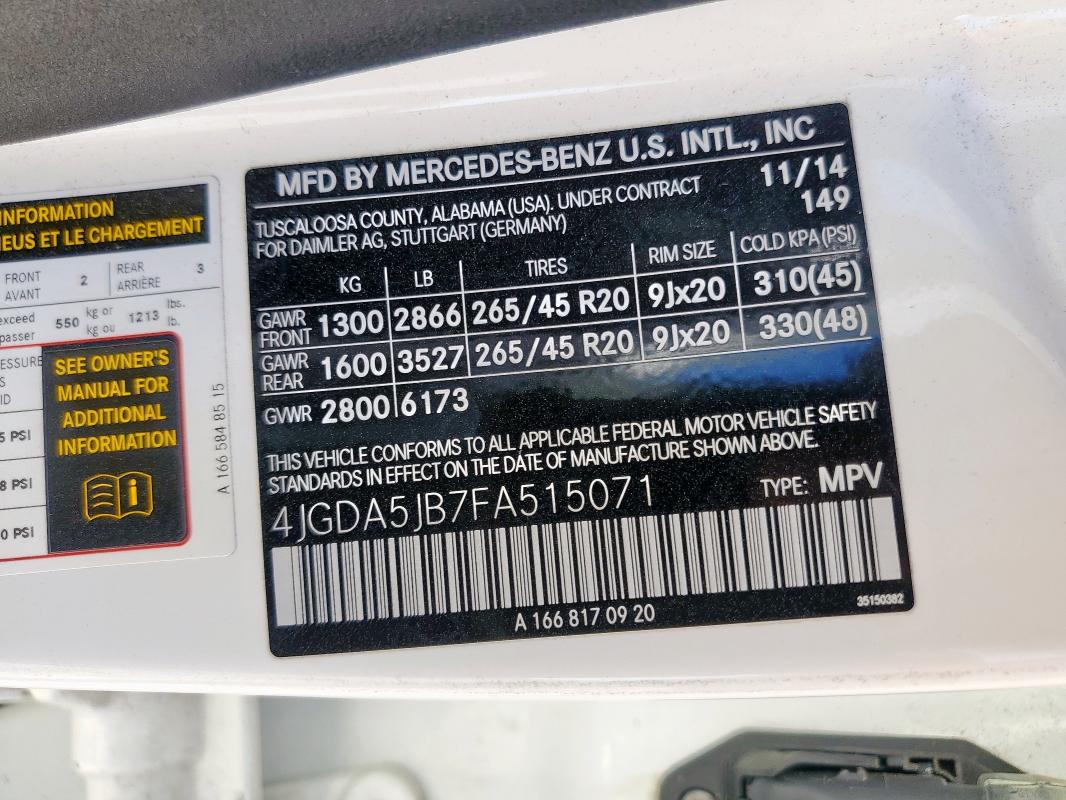 4JGDA5JB7FA515071 - 2015 MERCEDES-BENZ ML 350 Ağ foto 13