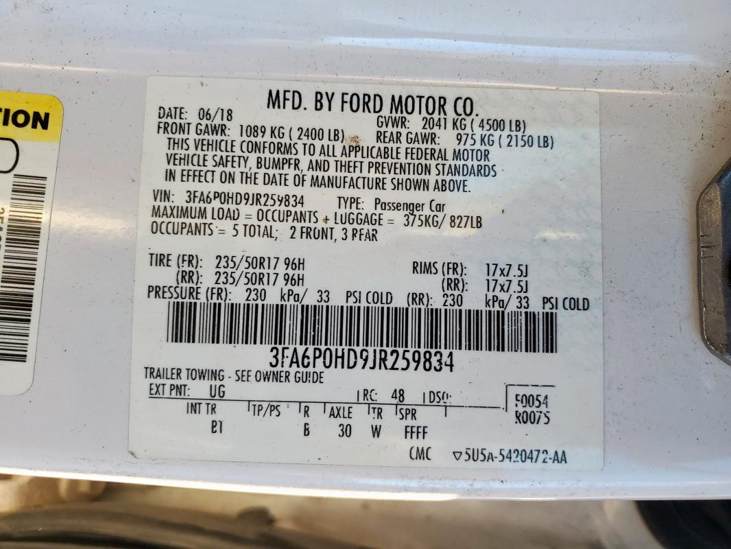 3FA6P0HD9JR259834 - 2018 FORD FUSION SE თეთრი ფოტო 12