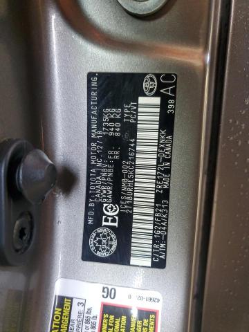 2T1BURHE5KC216744 - 2019 TOYOTA COROLLA L BEIGE photo 12