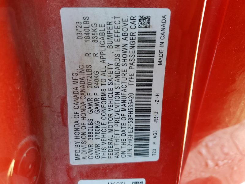 2HGFE2F58PH535420 - 2023 HONDA CIVIC SPORT Qırmızı foto 12