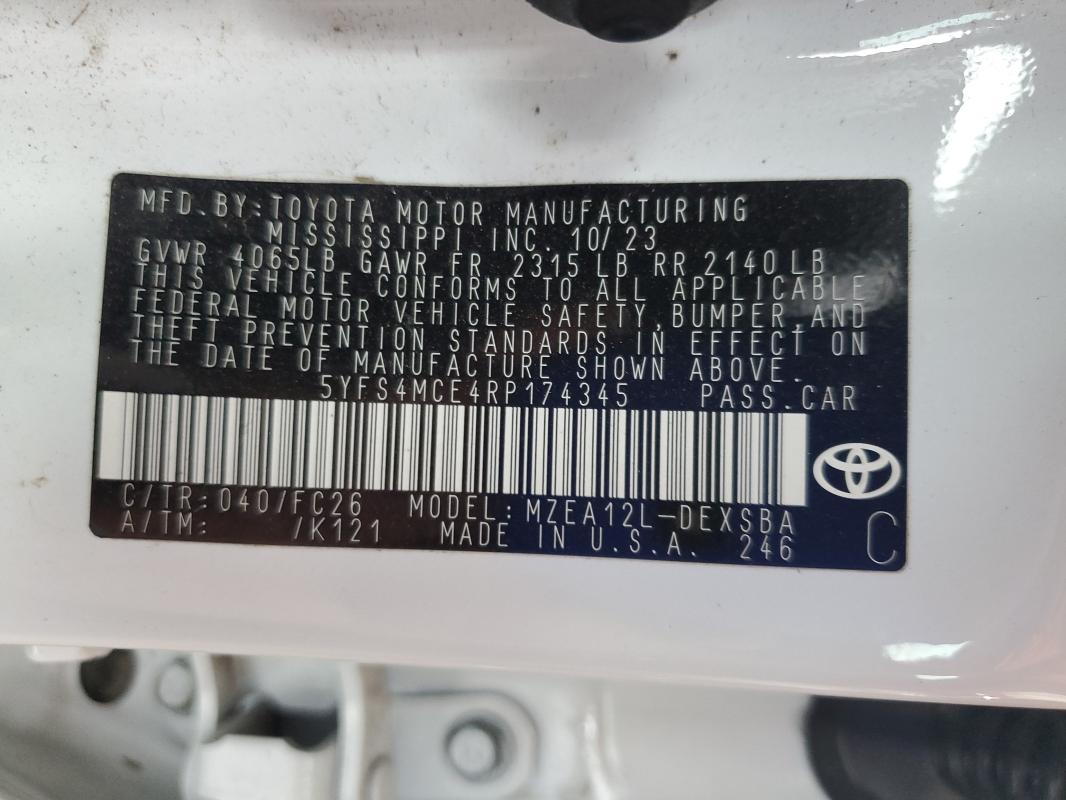 5YFS4MCE4RP174345 - 2024 TOYOTA COROLLA SE Ақ фото 12