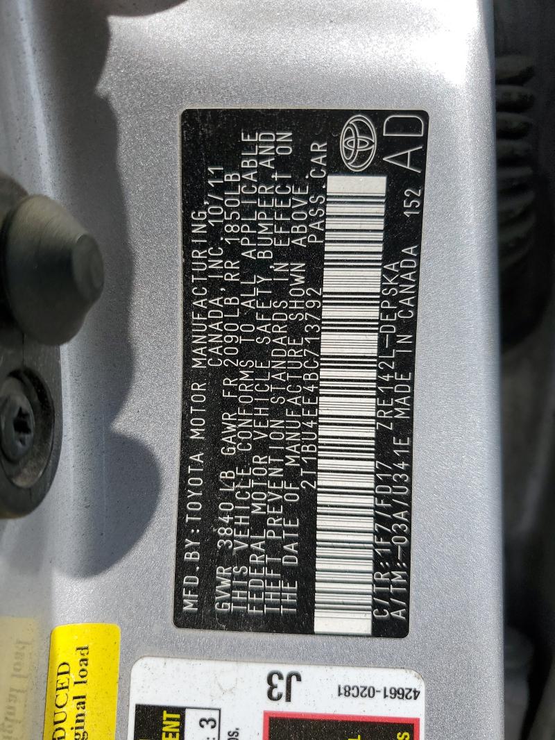 2T1BU4EE4BC713792 - 2011 TOYOTA COROLLA BASE SILVER photo 12