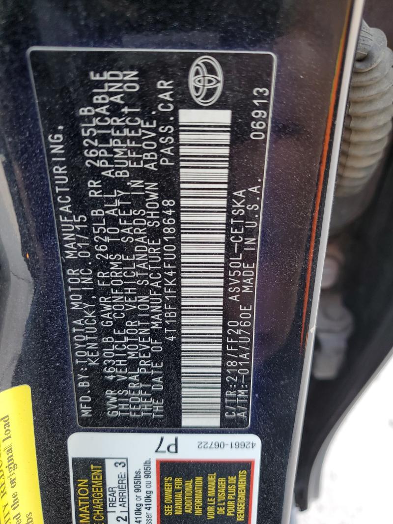 4T1BF1FK4FU018648 - 2015 TOYOTA CAMRY LE BLACK photo 12