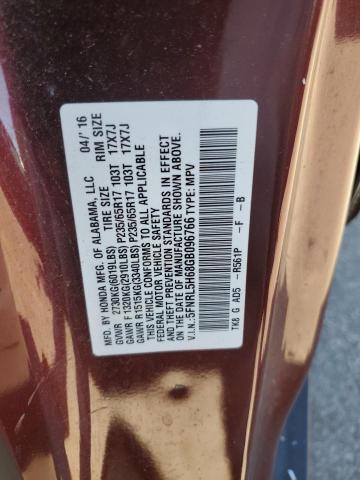 5FNRL5H68GB096766 - 2016 HONDA ODYSSEY EXL BURGUNDY photo 12