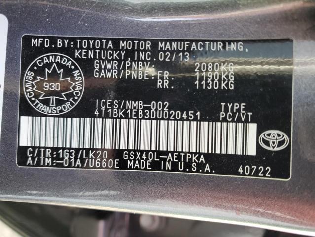 4T1BK1EB3DU020451 - 2013 TOYOTA AVALON BASE Grau Foto 12