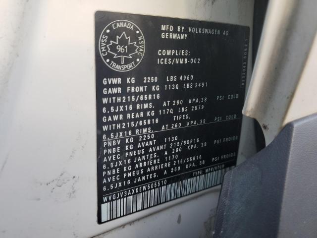 WVGJV3AX0EW505510 - 2014 VOLKSWAGEN TIGUAN S WHITE photo 13