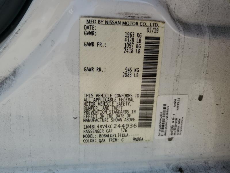 1N4BL4BV4KC244936 - 2019 NISSAN ALTIMA S Weiß Foto 13