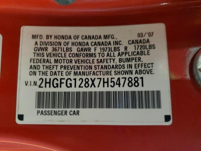 2HGFG128X7H547881 - 2007 HONDA CIVIC EX RED photo 12