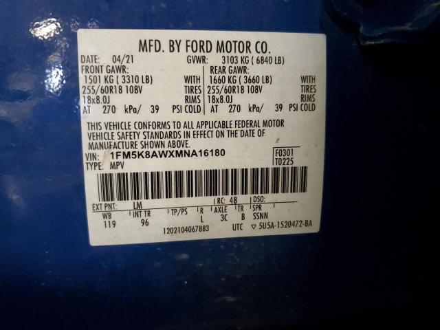 1FM5K8AWXMNA16180 - 2021 FORD EXPLORER POLICE INTERCEPTOR Синий фото 13