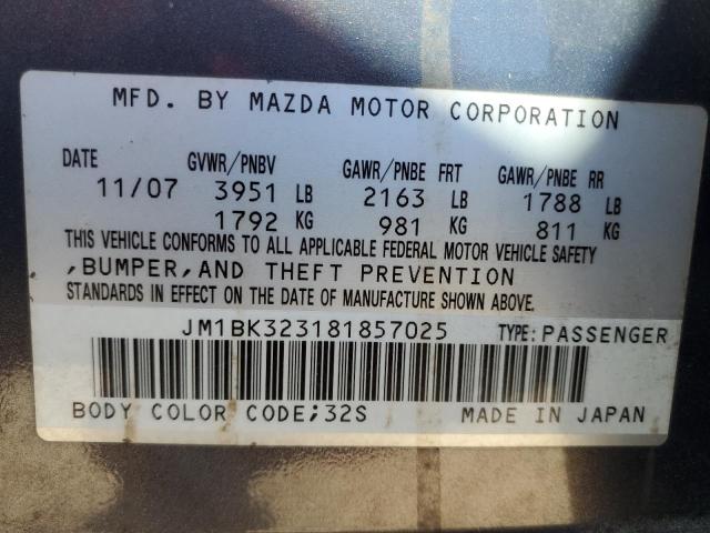 JM1BK323181857025 - 2008 MAZDA 3 S ნაცრისფერი ფოტო 12