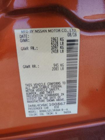 1N4BL4CV6KC100867 - 2019 NISSAN ALTIMA SR Նարնջագույն լուսանկար 12