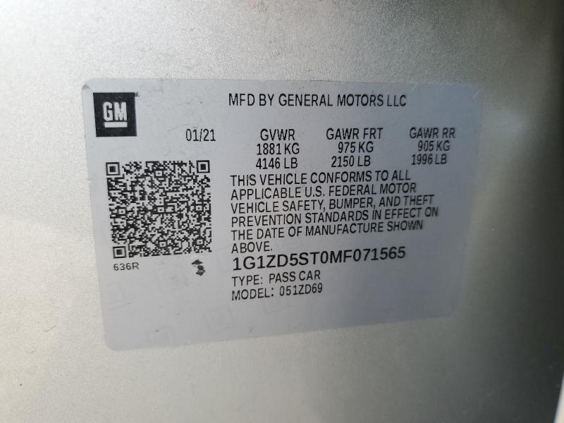 1G1ZD5ST0MF071565 - 2021 CHEVROLET MALIBU LT SILVER photo 13