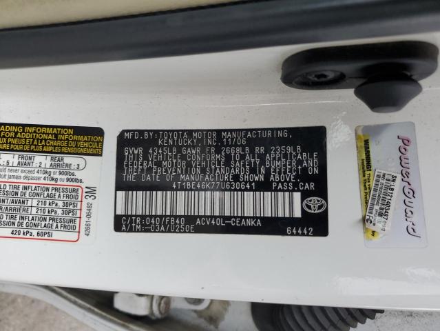 4T1BE46K77U630641 - 2007 TOYOTA CAMRY CE WHITE photo 12