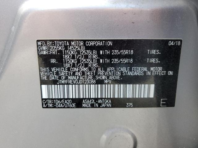 JTMYFREV0JD123088 - 2018 TOYOTA RAV4 LIMITED ვერცხლისფერი ფოტო 14