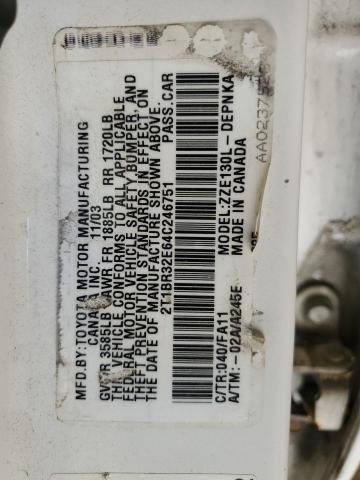 2T1BR32E64C246751 - 2004 TOYOTA COROLLA CE WHITE photo 12