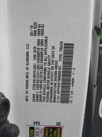 5FPYK3F79KB032167 - 2019 HONDA RIDGELINE RTL Білий фото 12
