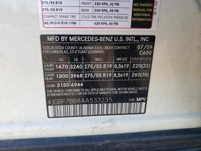4JGBF7BB8AA533235 - 2010 MERCEDES-BENZ GL 450 4MATIC WHITE photo 13