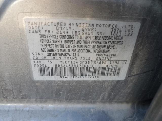 3N1AB7AP4KY417314 - 2019 NISSAN SENTRA S Сұр фото 12