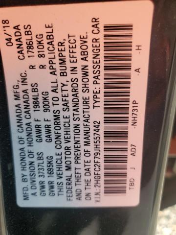 2HGFC2F79JH557442 - 2018 HONDA CIVIC EX 黑色 照片 12