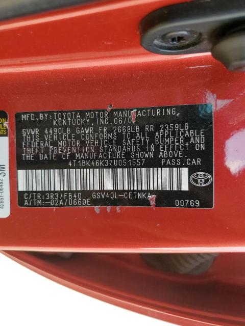 4T1BK46K37U051557 - 2007 TOYOTA CAMRY LE RED photo 12