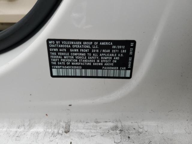1VWBP7A34DC025023 - 2013 VOLKSWAGEN PASSAT SE Սպիտակ լուսանկար 12