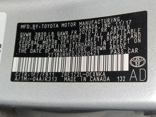 2T1BURHE0JC020421 - 2018 TOYOTA COROLLA L Gümüş foto 12