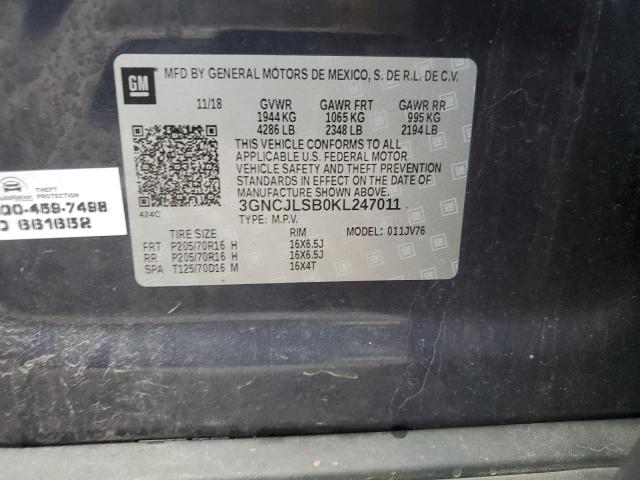 3GNCJLSB0KL247011 - 2019 CHEVROLET TRAX 1LT BLUE photo 12