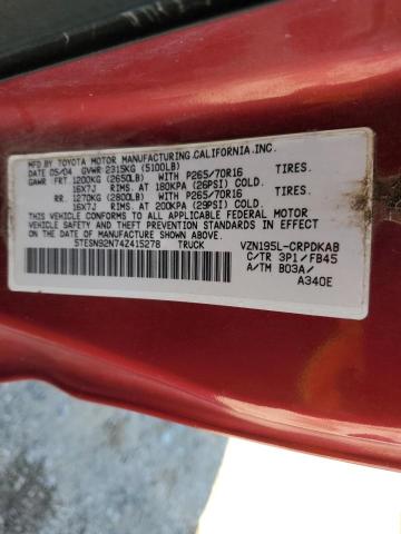 5TESN92N74Z415278 - 2004 TOYOTA TACOMA XTRACAB PRERUNNER RED photo 13