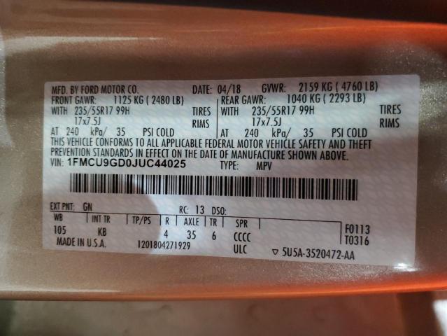 1FMCU9GD0JUC44025 - 2018 FORD ESCAPE SE 金色 照片 13