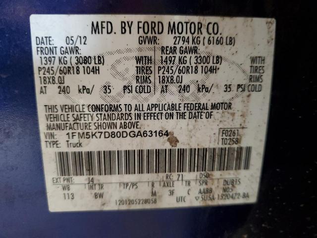 1FM5K7D80DGA63164 - 2013 FORD EXPLORER XLT Mavi foto 13