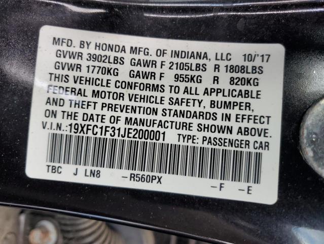 19XFC1F31JE200001 - 2018 HONDA CIVIC EX BLACK photo 12