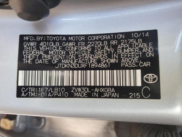 JTDKN3DUXF1894861 - 2015 TOYOTA PRIUS SILVER photo 12