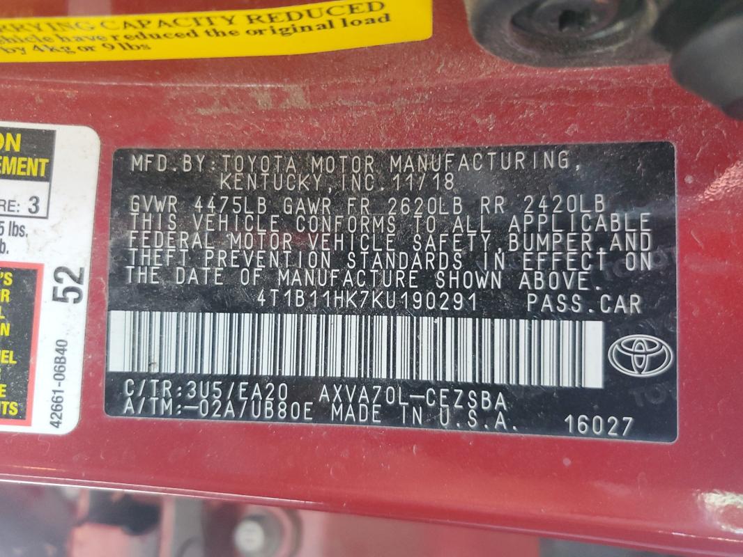 4T1B11HK7KU190291 - 2019 TOYOTA CAMRY L წითელი ფოტო 12