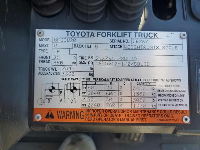 76267 - 2016 TOYOTA 8FGCU20 橙色 照片 10