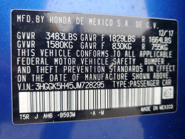 3HGGK5H45JM728295 - 2018 HONDA FIT LX ლურჯი ფოტო 12