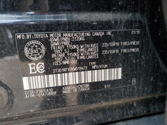 2T3D1RFV7KW019472 - 2019 TOYOTA RAV4 LIMITED Սև լուսանկար 14