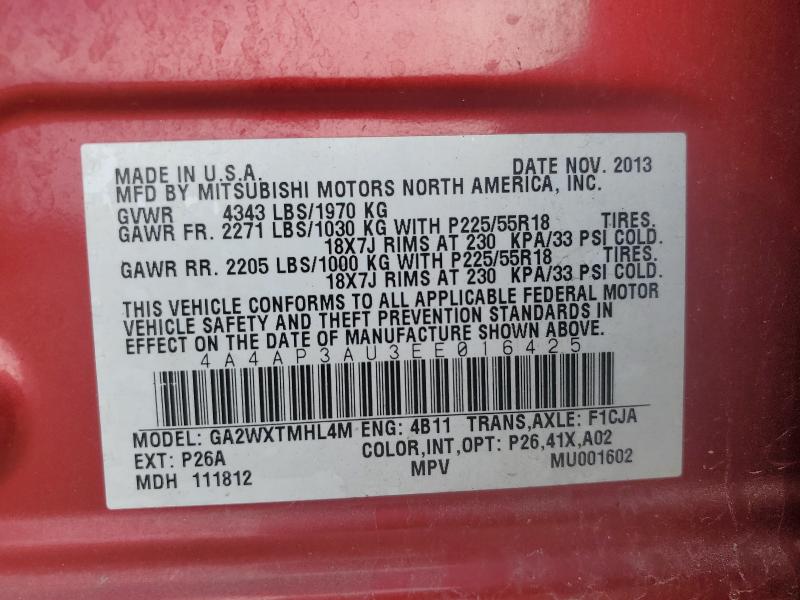 4A4AP3AU3EE016425 - 2014 MITSUBISHI OUTLANDER ES RED photo 13