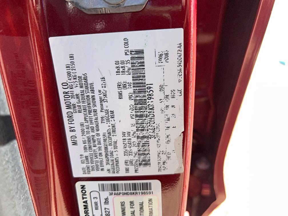 3FA6P0HD8KR198591 - 2019 FORD FUSION SE წითელი ფოტო 10