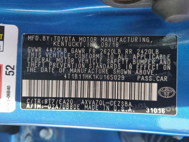 4T1B11HK1KU165029 - 2019 TOYOTA CAMRY L 蓝色 照片 13